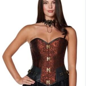 Steampunk Orange Brocade and Faux Leather Corset - Large